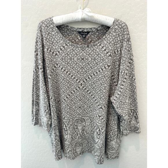 LUCKY BRAND | Taupe Cream Boho Print Cotton Modal 3/4 Sleeve Plus Size Top | 3X - Picture 1 of 7
